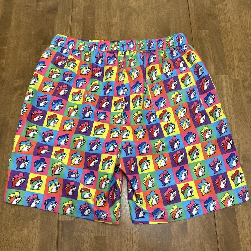 Buc-ees beaver swim trunks men's XL colorful checkered retro brief lined novelty